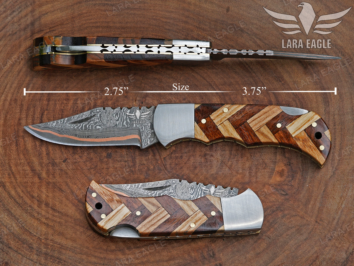 Hand Forged Copper Damascus Folding Knife - Olive Wood Handle Personalized Anniversary Gift Groomsman Gift Father's Day Gift