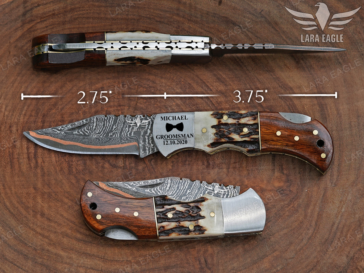 Personalized Copper Damascus Folding Knife: Handmade Anniversary Gift Christmas Gift Birthday Gift For Him