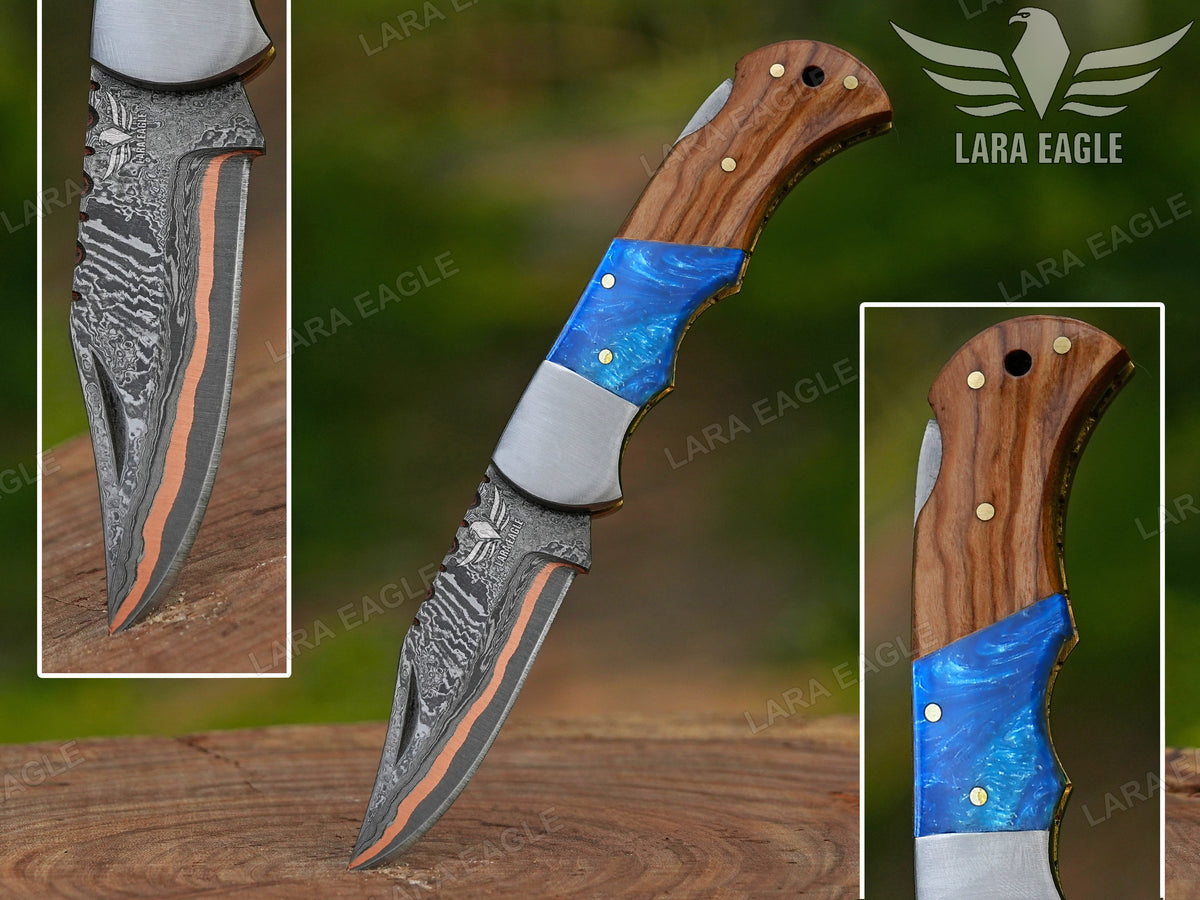 Handmade Copper Damascus Pocket Knife Personalized Folding Knife Groomsman Knife Anniversary Gift for Him Christmas Gift