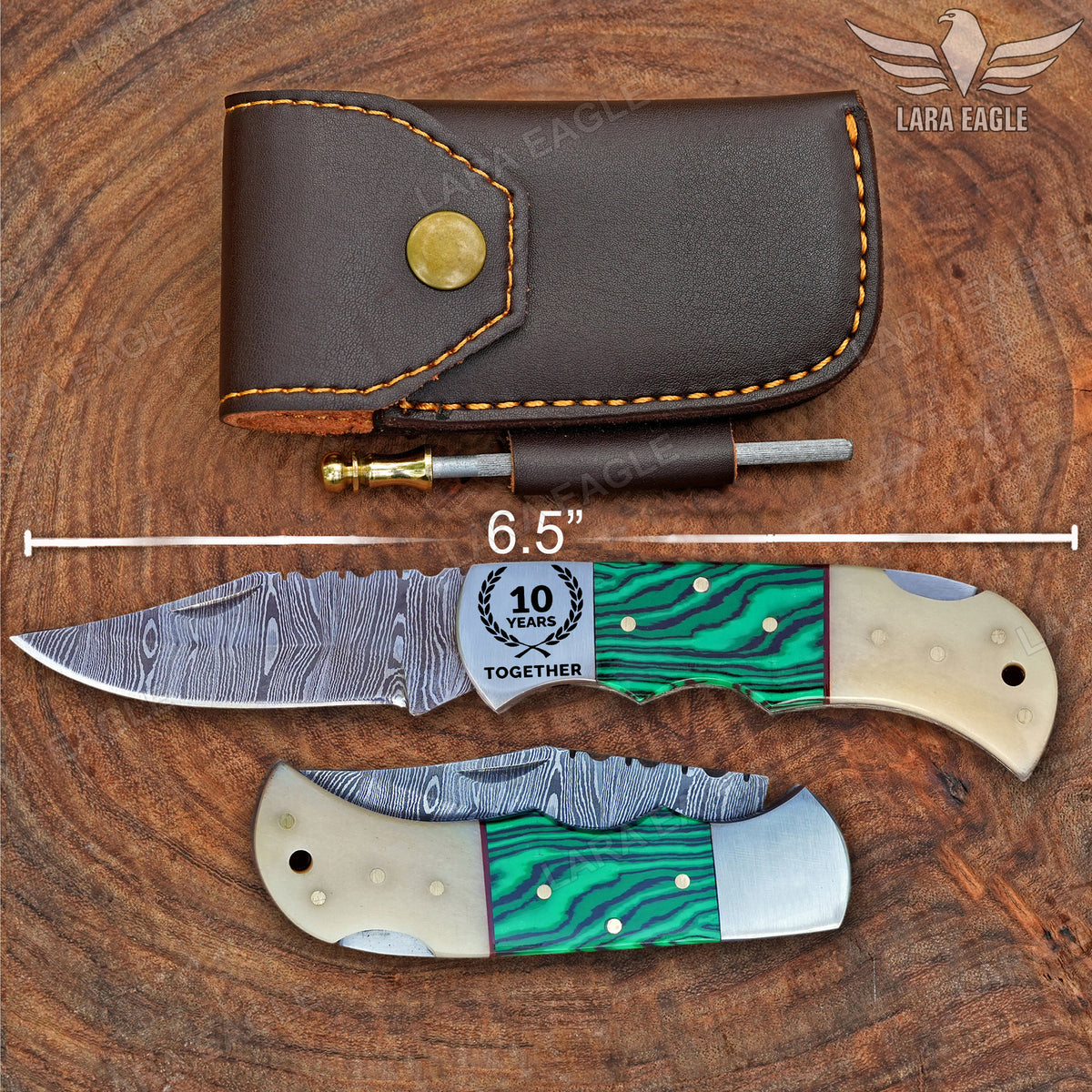 Handmade Damascus Steel Pocket Knife, Personalized Folding Knife, Malachite and Camel Bone Handle