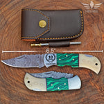 Handmade Damascus Steel Pocket Knife, Personalized Folding Knife, Malachite and Camel Bone Handle