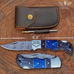 Personalized Damascus Steel Pocket Knife, Handmade Folding Knife, Wooden Handle