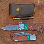 Personalized Handmade Damascus Steel Pocket Knife, Malachite and Rose Wood Handle
