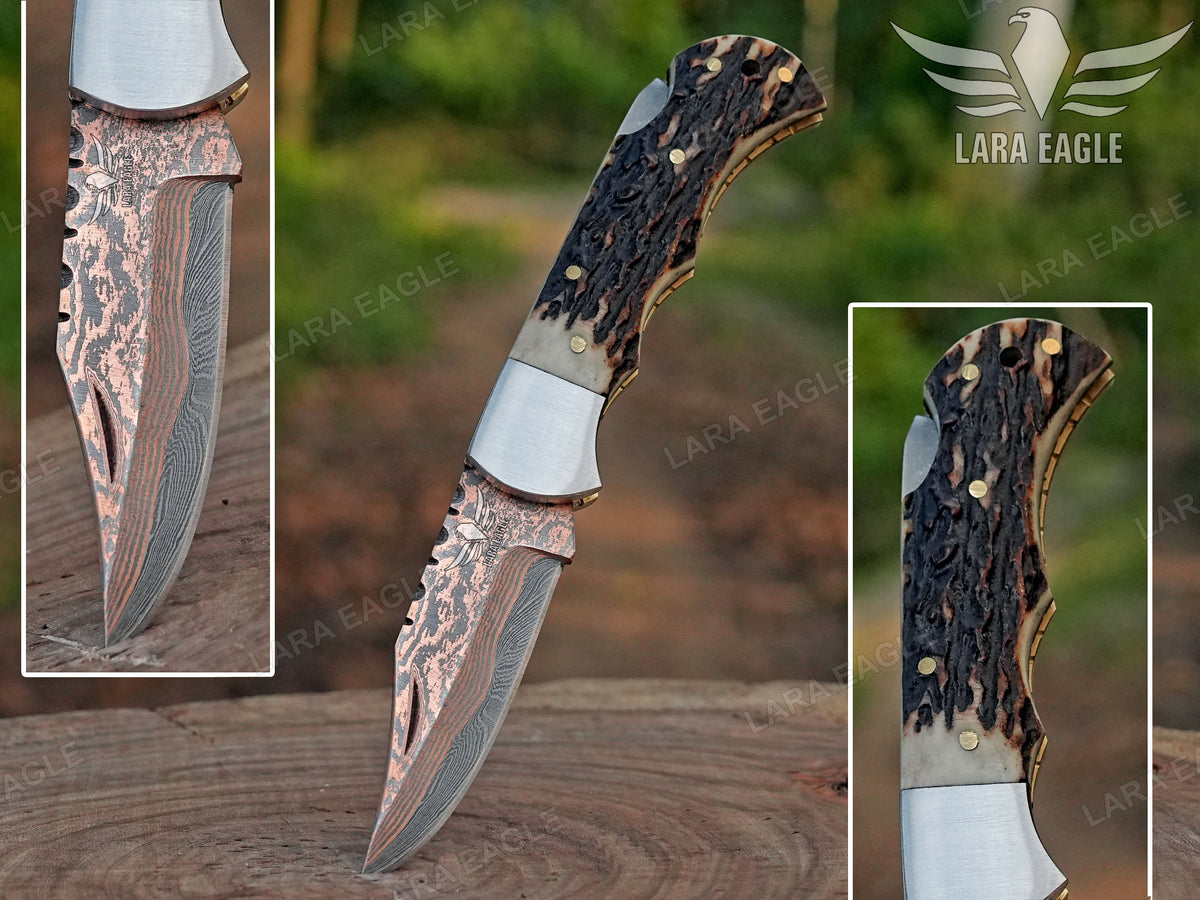 Custom Handmade Copper Damascus Pocket Knife, Personalized Folding Knife, Staghorn, Deer/Antler Handle