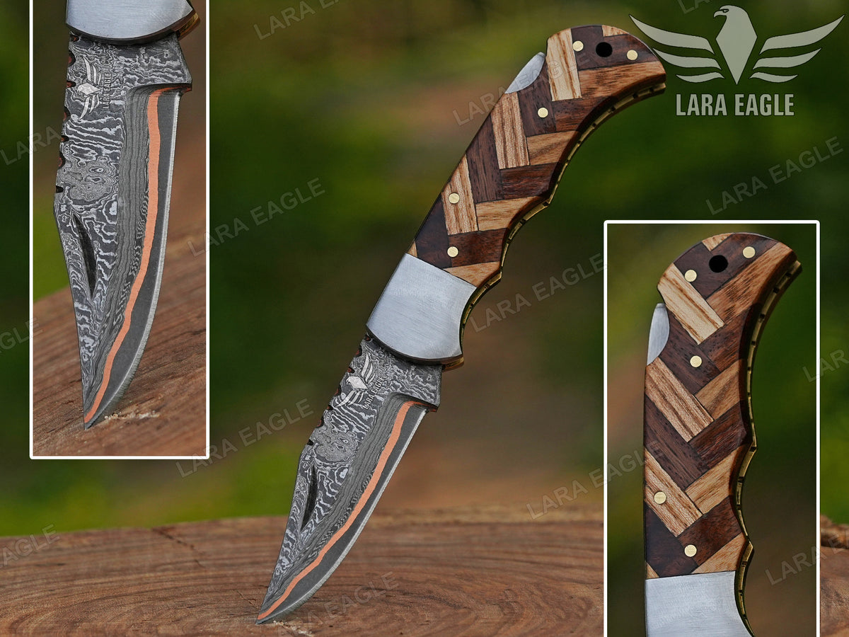 Hand Forged Copper Damascus Folding Knife - Olive Wood Handle Personalized Anniversary Gift Groomsman Gift Father's Day Gift