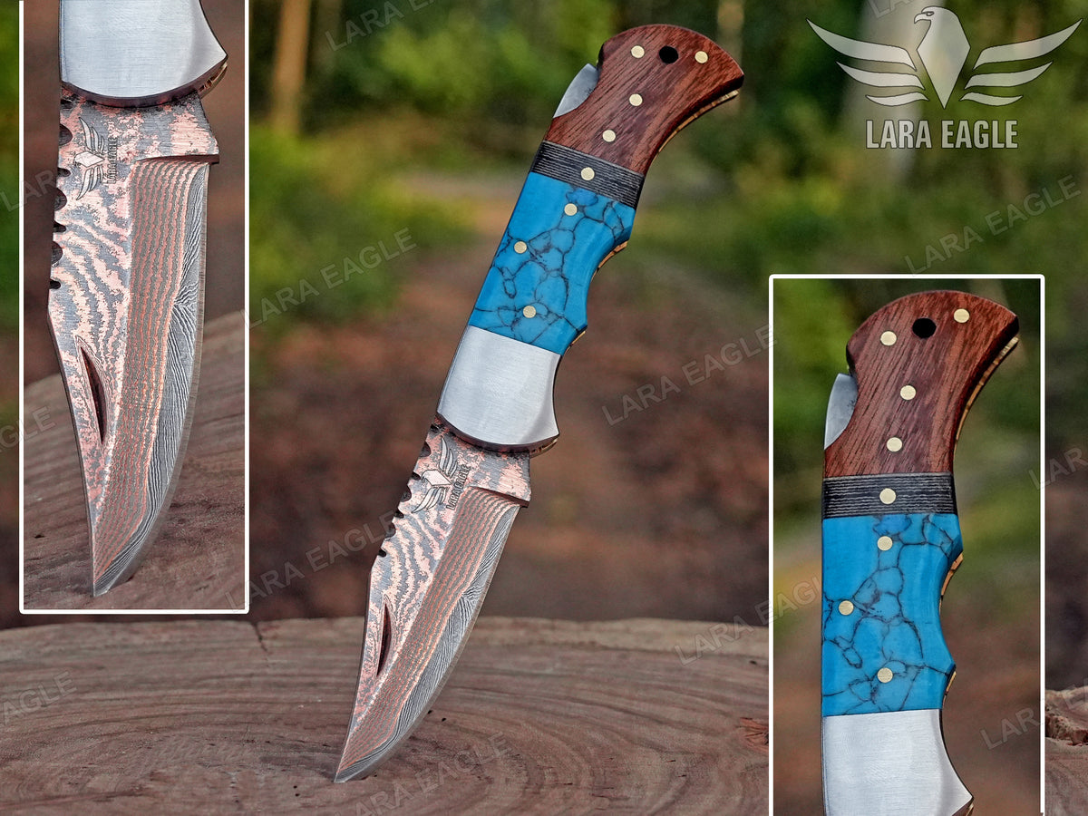 Copper Damascus Steel Handmade Folding Knife, Pocket Knife, Turquoise Gemstone & Wood Handle