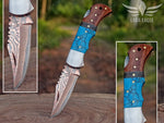 Copper Damascus Steel Handmade Folding Knife, Pocket Knife, Turquoise Gemstone & Wood Handle