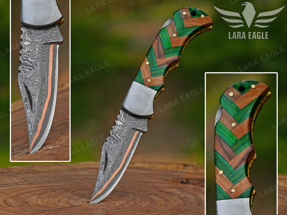 Copper Damascus Folding Knife: Personalized Handmade Pocket Knife for Him Anniversary Groomsman Gift Boyfriend Gift Christmas Gifts
