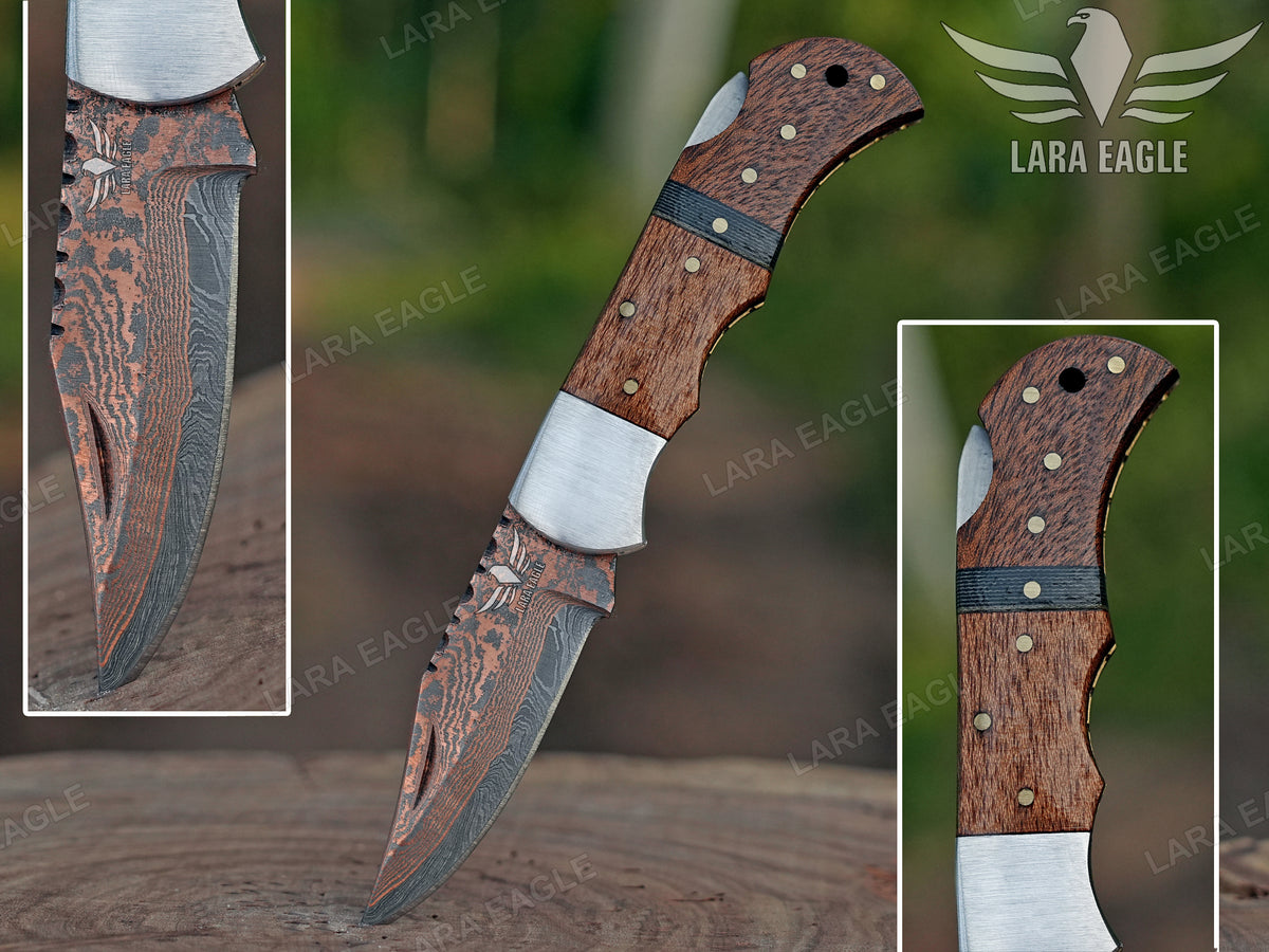 Personalized Copper Damascus Handmade Pocket Knife, Wooden Handle Folding Knife
