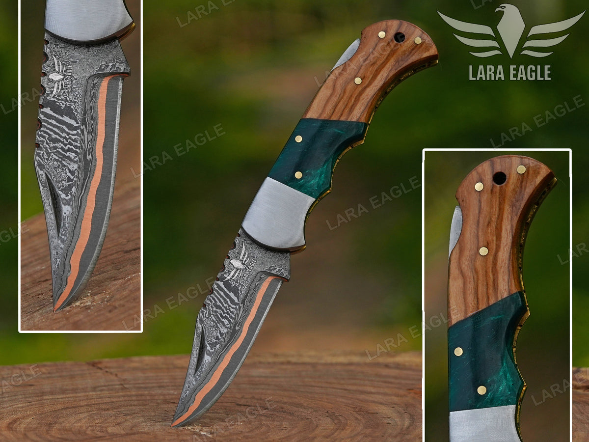 Personalized Handmade Copper Damascus Pocket Knife Olive Wood Handle Copper Forged Blade Father's Day Gift Groomsman Gift Anniversary Gift