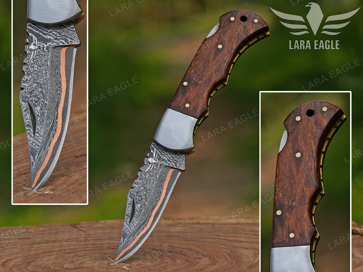 Handmade Copper Damascus Folding Knife: Personalized Gift for Him Rose Wood Handle Groomsman Gift Christmas Gifts Anniversary Gift