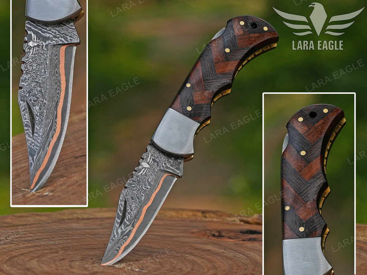 Handmade Copper Damascus Folding Knife: Wangi Wood Handle Unique Anniversary Gift For Husband Father's Day Groomsman Gift