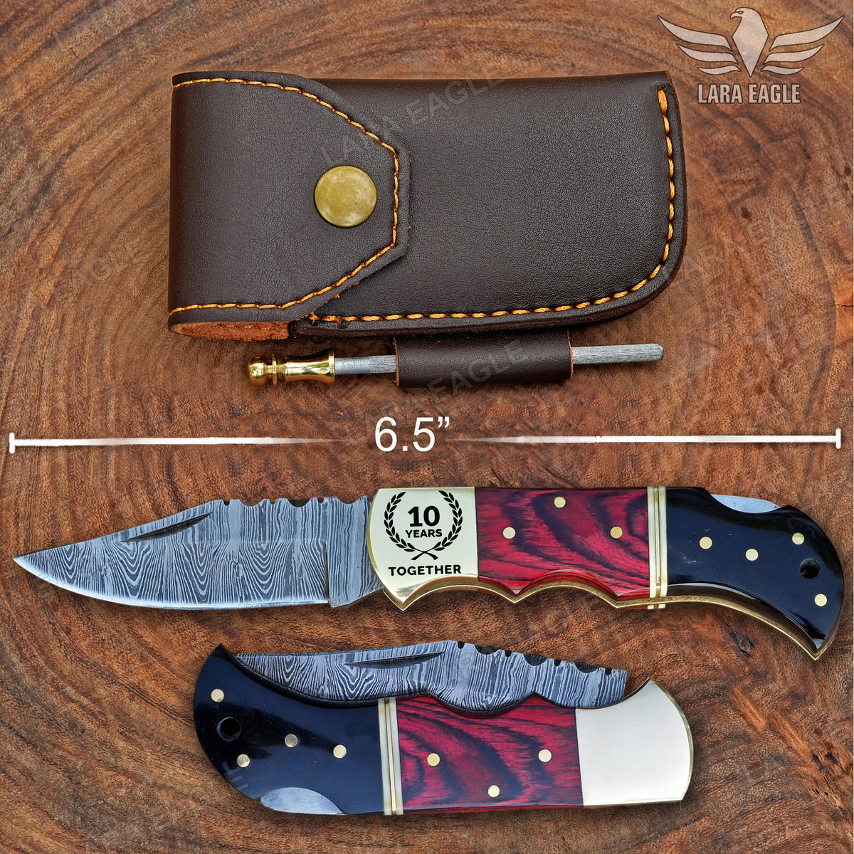 Hand Forged Damascus Steel Pocket Knife, Personalized Folding Knife, Pakka Wood and Bull Horn Handle