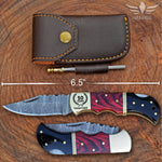 Hand Forged Damascus Steel Pocket Knife, Personalized Folding Knife, Pakka Wood and Bull Horn Handle