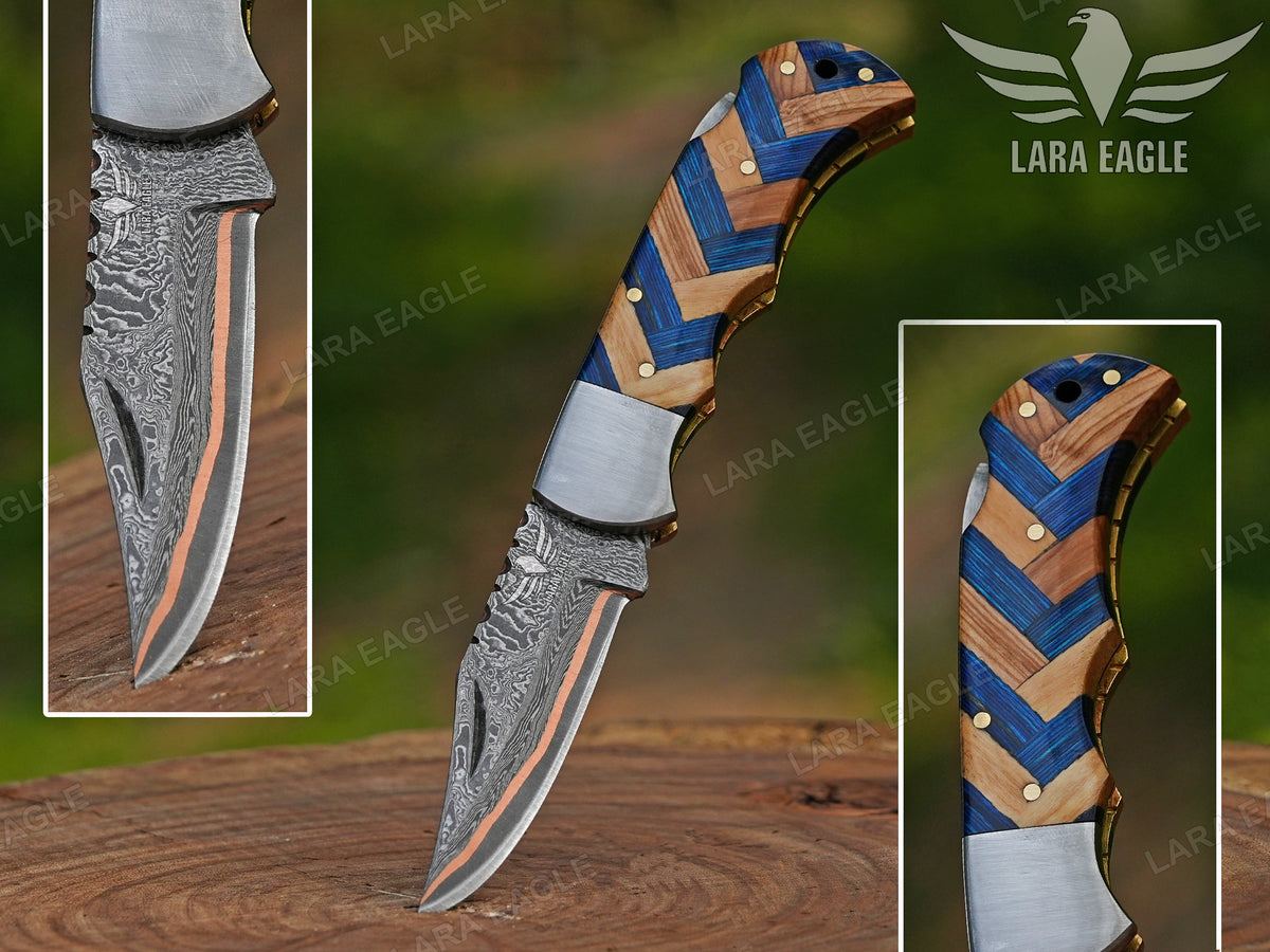 Custom Copper Damascus Pocket Knife Anniversary Gift Outdoor Survival Folding Knife Groomsman Gift Personalized Gift For Men Christmas Gift