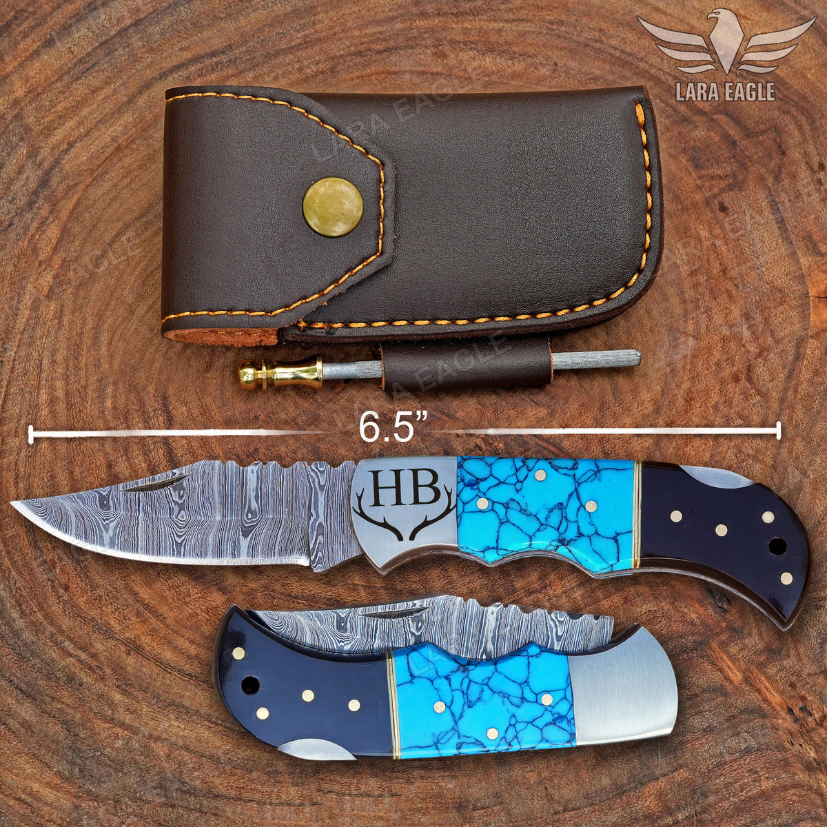 Handmade Damascus Steel Pocket Knife, Personalized Folding Knife, Turquoise and Bull Horn Handle