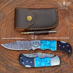 Handmade Damascus Steel Pocket Knife, Personalized Folding Knife, Turquoise and Bull Horn Handle