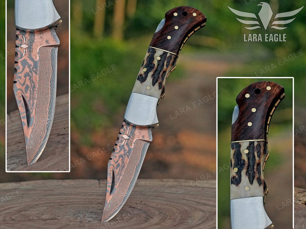 Handmade Copper Damascus Pocket Knife, Personalized Folding Knife, Stag Horn & Rose Wood Handle