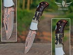Handmade Copper Damascus Pocket Knife, Personalized Folding Knife, Stag Horn & Rose Wood Handle