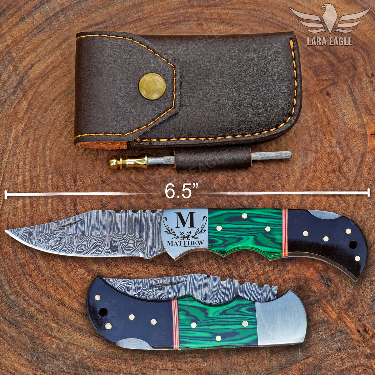 Handmade Damasus Steel Folding Knife Pocket Knife, Malachite and Bull Horn Handle