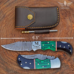 Handmade Damasus Steel Folding Knife Pocket Knife, Malachite and Bull Horn Handle