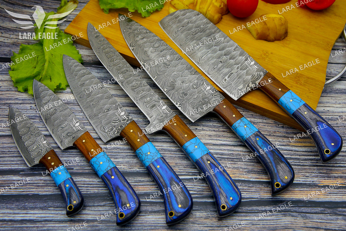 Elegant Damascus Steel Chef Knife Set with Turquoise Gemstone, Rosewood & Pakka Wood Handles, Professional Chef Knife Set, Anniversary Gift
