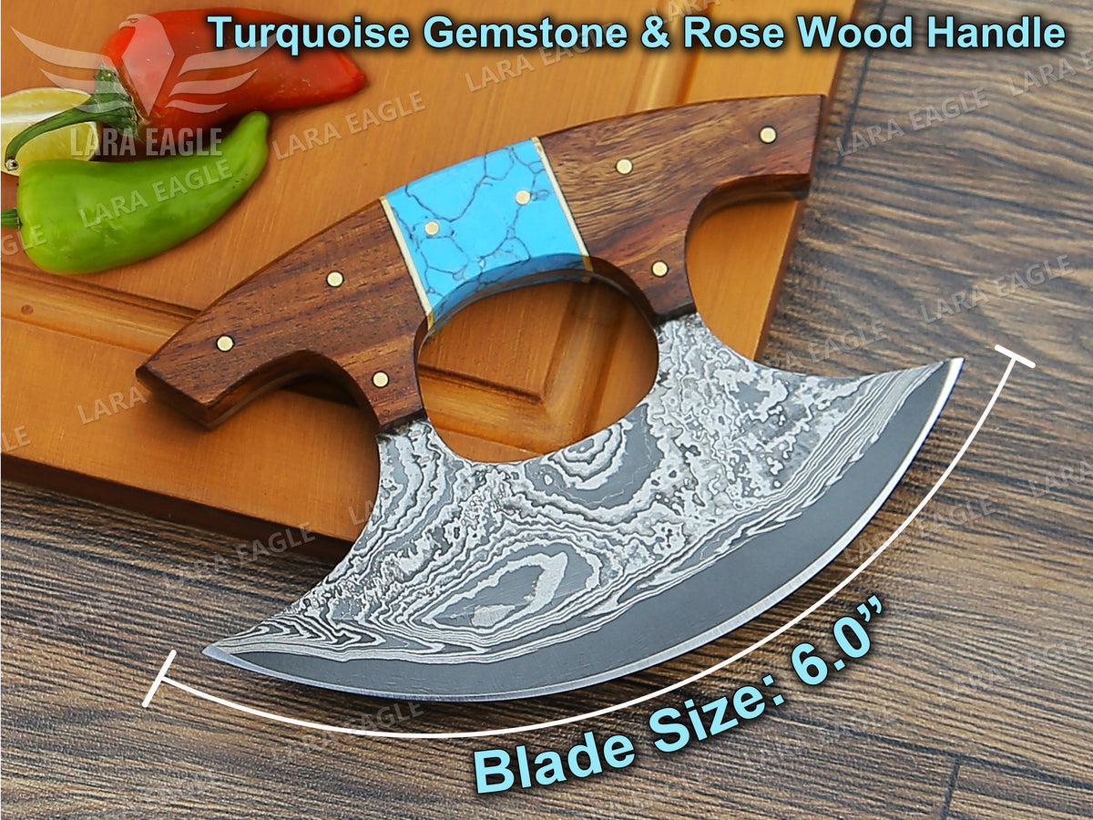 Handcrafted Damascus Steel Ulu Knife: Turquoise & Rosewood Handle Pizza Cutter Turquoise Anniversary Gift