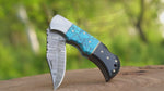 Handmade Damascus Steel Pocket Knife, Personalized Folding Knife, Turquoise and Bull Horn Handle