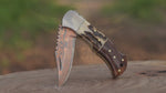 Handmade Copper Damascus Pocket Knife, Personalized Folding Knife, Stag Horn & Rose Wood Handle