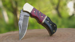 Hand Forged Damascus Steel Pocket Knife, Personalized Folding Knife, Pakka Wood and Bull Horn Handle