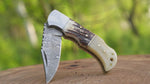 Handmade Damascus Steel Pocket Folding Knife, Stag Horn and Camel Bone Handle