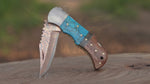 Copper Damascus Steel Handmade Folding Knife, Pocket Knife, Turquoise Gemstone & Wood Handle