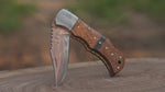 Personalized Copper Damascus Handmade Pocket Knife, Wooden Handle Folding Knife