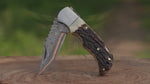 Copper Damascus Handmade Folding Knife- Personalized Stag Horn/Dear Antler handle Pocket Knife, Anniversary Gift