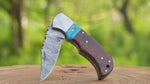 Personalized Handmade Damascus Steel Pocket Knife, Turquoise and Rose Wood Handle