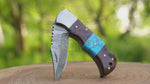 Damascus Steel Handmade Folding Knife, Turquoise and Rose Wood Handle, Everyday carry Pocket Knife