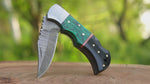 Handmade Damasus Steel Folding Knife Pocket Knife, Malachite and Bull Horn Handle