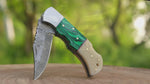 Handmade Damascus Steel Pocket Knife, Personalized Folding Knife, Malachite and Camel Bone Handle