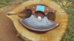 Handcrafted Damascus Steel Ulu Knife: Turquoise & Rosewood Handle Pizza Cutter Turquoise Anniversary Gift