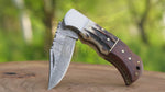 Personalized Handmade Damascus Steel Pocket Knife, Stag Horn and Rose Wood Handle