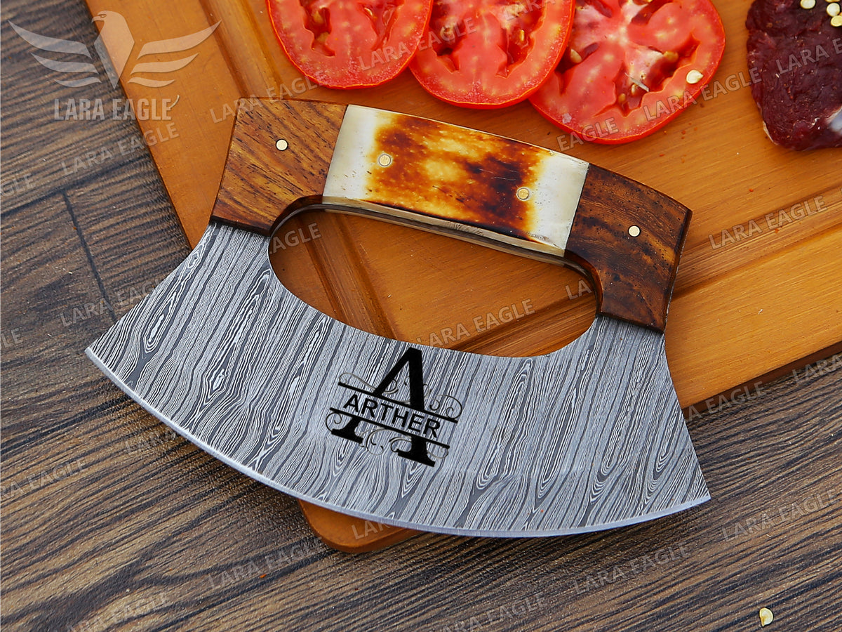 Handmade Damascus Steel Chef Ulu Knife Celtic Knot Handle Camel Bone & Rose Wood Handle Pizza Cutter Kitchen Ulu Knife Anniversary Gift