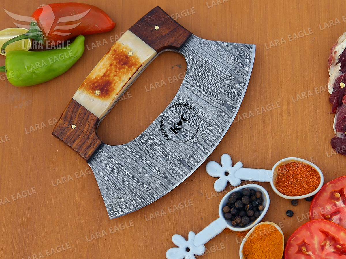 Handmade Damascus Steel Chef Ulu Knife Celtic Knot Handle Camel Bone & Rose Wood Handle Pizza Cutter Kitchen Ulu Knife Anniversary Gift